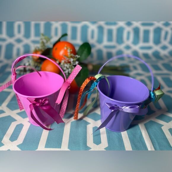 2 New! 4” Miniature Gift Buckets NWT Gift Pail Basket Handle Spring Easter Pink - Picture 3 of 9